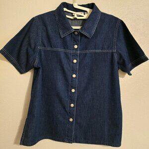 Blast 100% Cotton Denim Short Sleeve Woman Pleated Shirt Size S Metallic Buttons